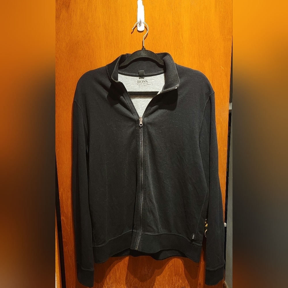 Hugo Boss Reversible Jacket Mens Large Black Gray Sides Cotton Stretch Zip Up